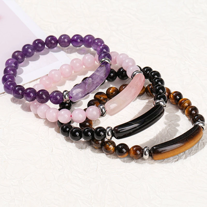Natural Stone Tiger Eye Amethyst Lapis Lazuli Rectangular Strip Bracelet for Men Womens Spiritual Healing Fashion Jewelry Gift