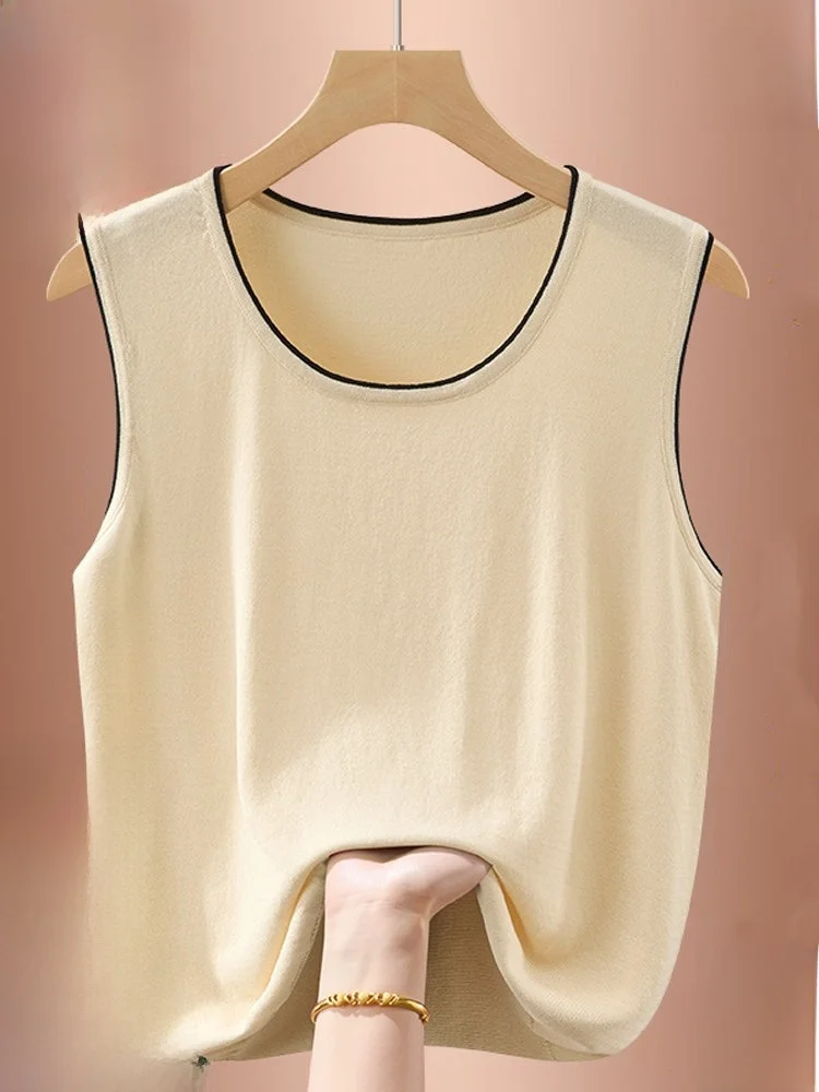 Gilet di seta Donna Estate Sottile rotondo Ne Svel T-shirt in seta di ghiaccio lavorata a maglia Top bianco Vestibilità ampia Abbigliamento estivo versatile casual