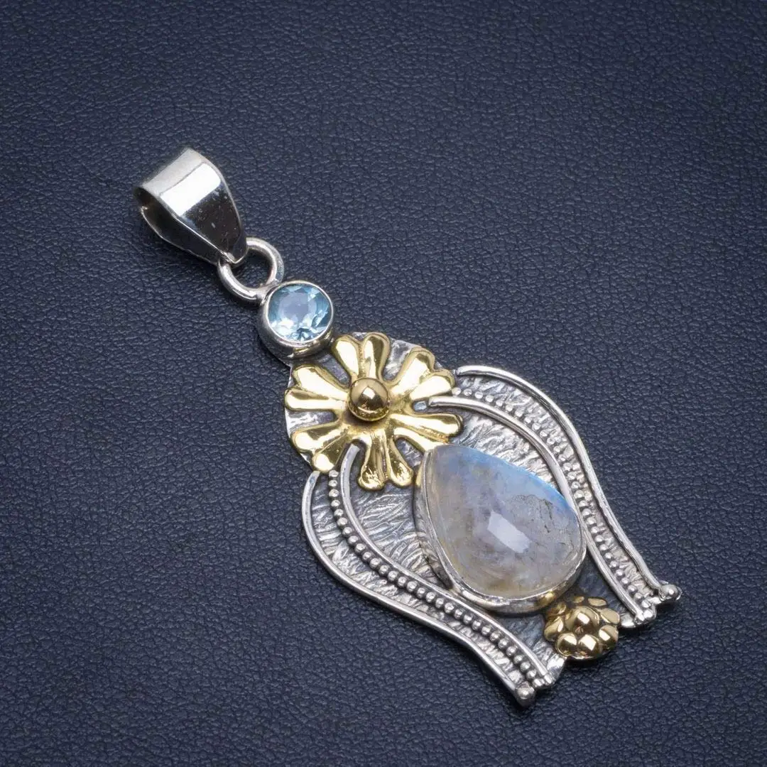 StarGems® Natural Two Tones Rainbow Moonstone and Blue Topaz 925 Sterling Silver Pendant 2