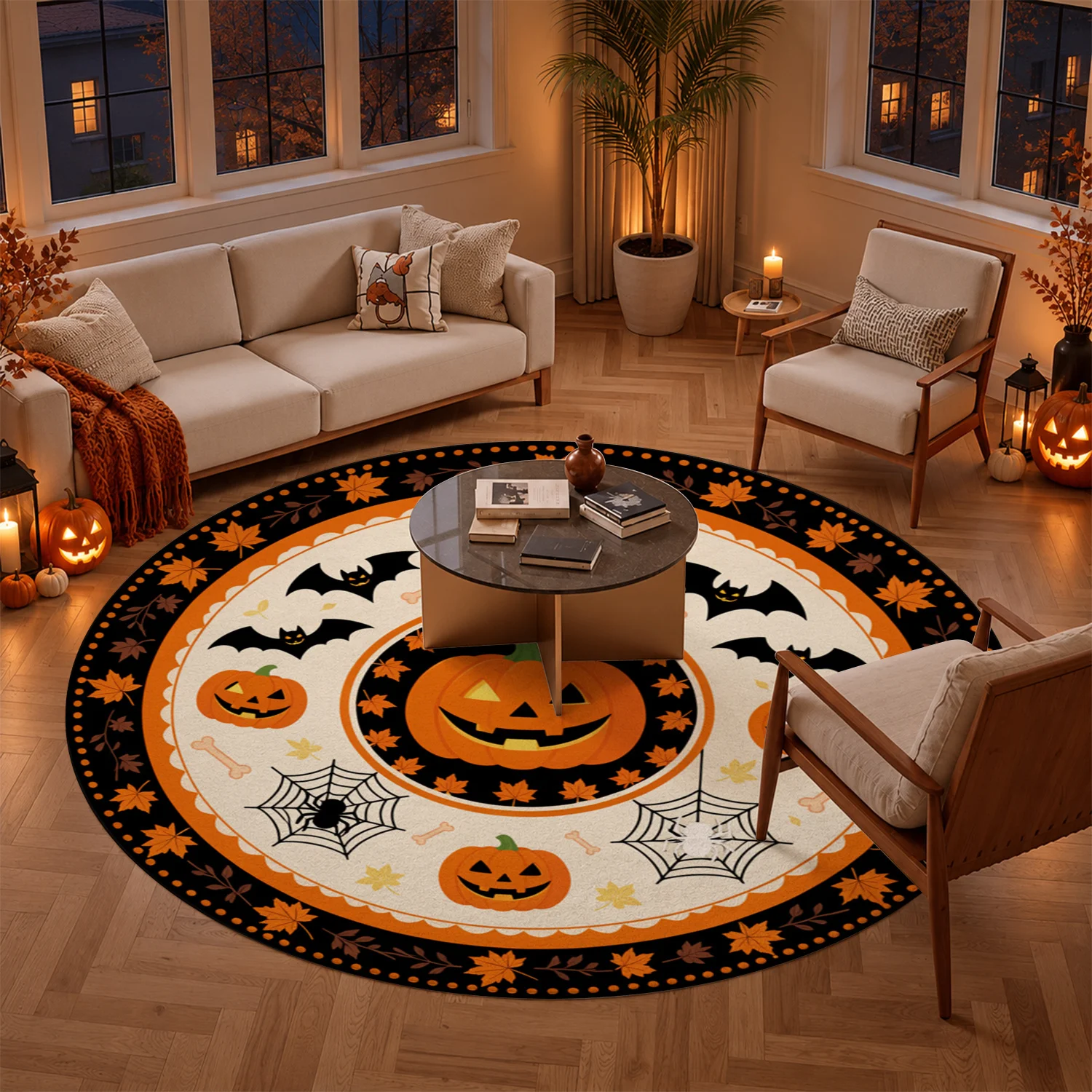 Halloween Pumpkin Bat Spider Cobweb Round Velvet Area Rug, Machine Washable Soft Durable Floor Mat for Living Room, Bedroom, Entryway, Dining Area, Perfect for Halloween, Thanksgiving, Christmas, New Year, Black Friday, Cyber Monday Home Decor