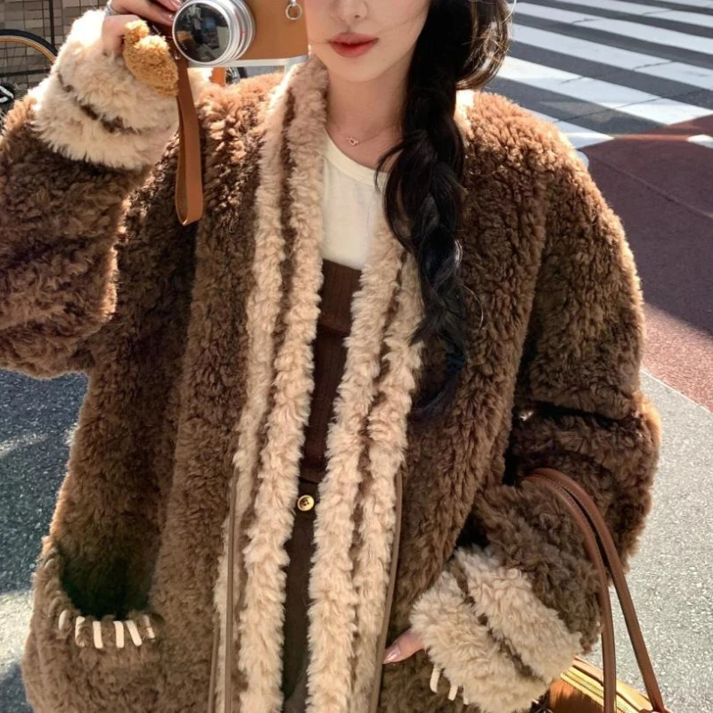 Abrigo grueso de estilo universitario para mujer, nuevo abrigo holgado y perezoso para mujer, Top de otoño e invierno