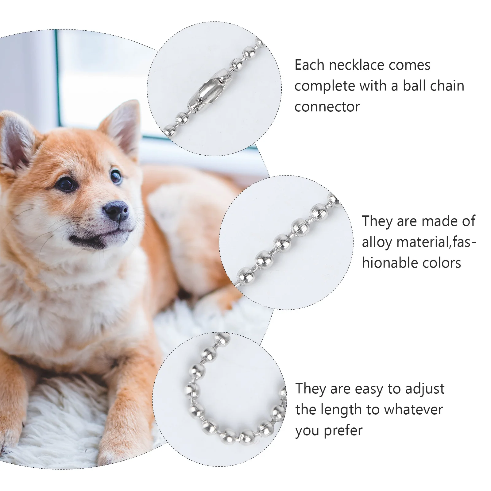 

5pcs Pet Ball Chain Necklace Dog Tag Alloy Silver Bead Durable Allergy-Free Keychain Pendant Tile Connector Adjustable