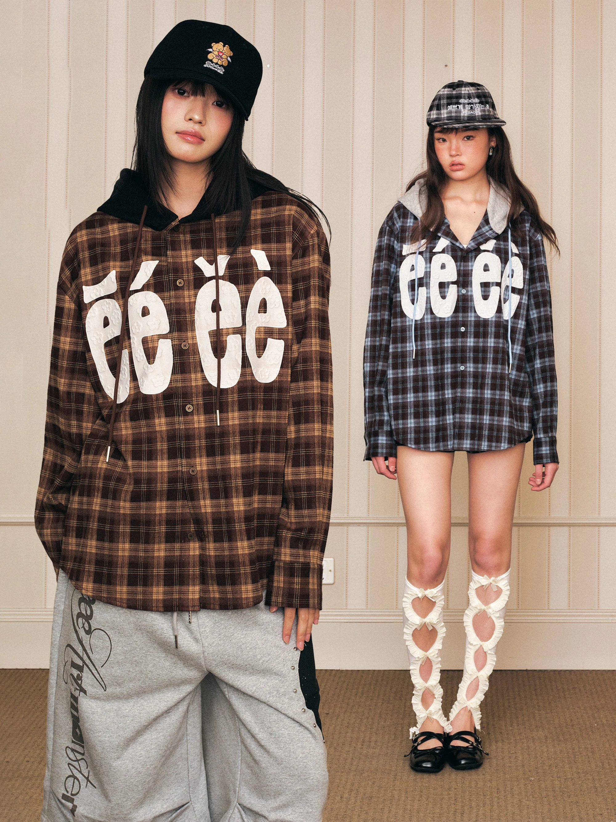 Retro Plaid Hooded Letter Foaming Print Spring Summer Autumn Outerwear Shirt Standard Fit Polyester Viscose Spandex Blend