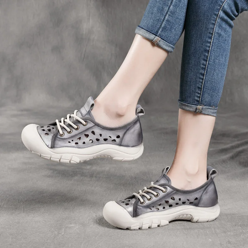 Summer New Top Layer Cowhide Casual Retro Warped Head Hollow  Pumps   Perforated  Flat