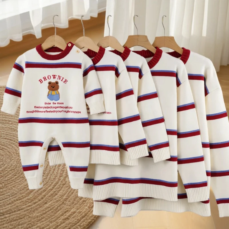 2026 Winter Family Matching Parent Child Sweater New Arrival Mom Baby Girl Cartoon Bear Striped Knitwear Toddler Clothes