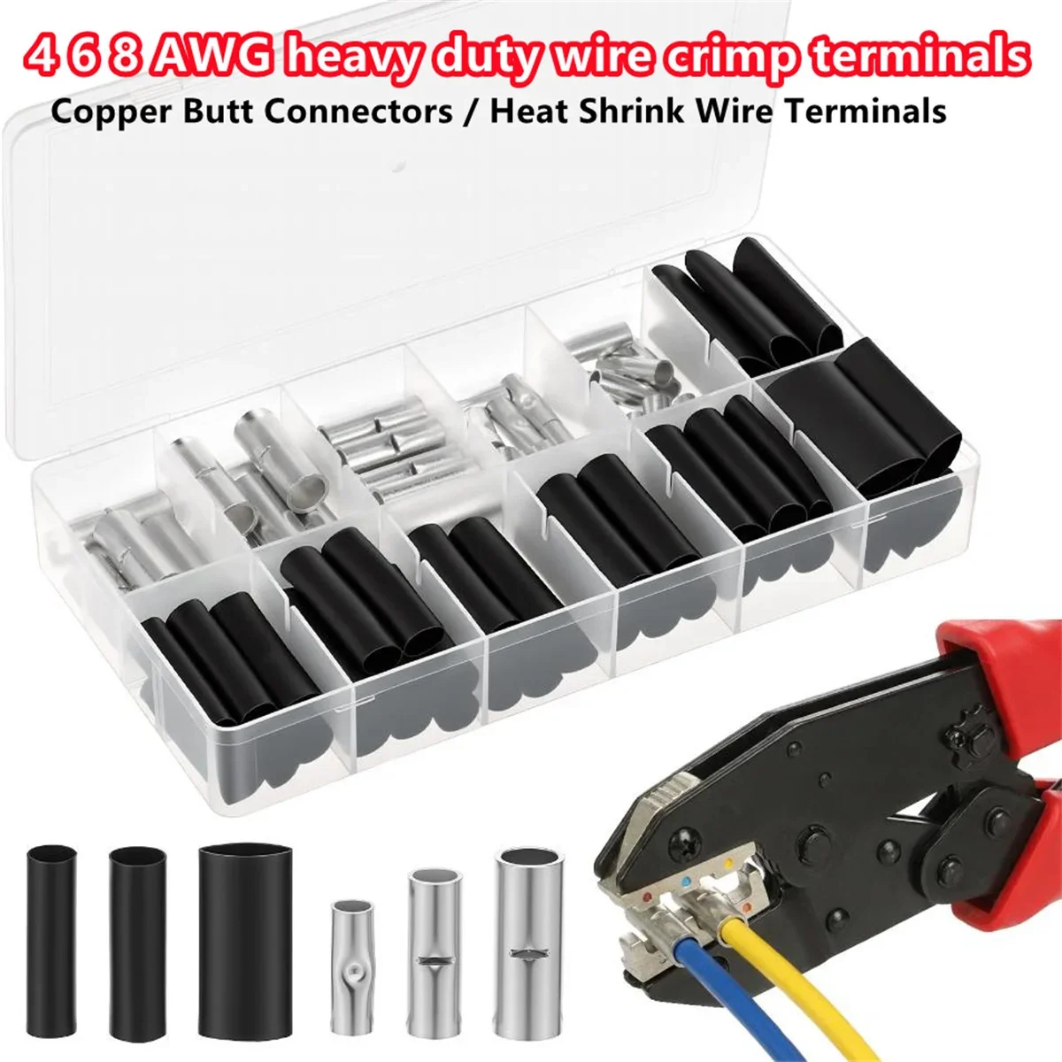 80Pcs Non Insulated Copper Butt Connectors Dual Wall Heat Shrink Tubing Kit 4 6 8 AWG Waterproof Marine Wire Terminals Set