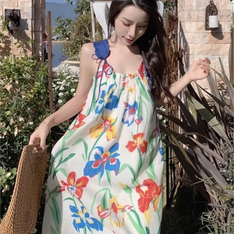 Abito da donna con cinturino floreale in stile vacanza al mare in Chiffon