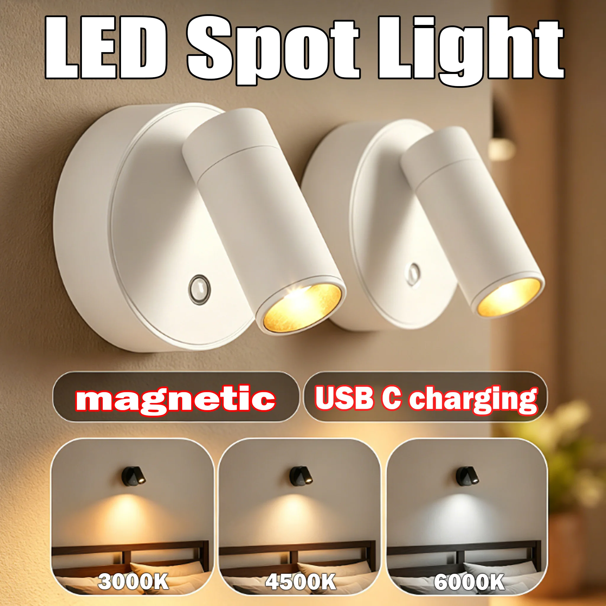 

No Drill Magnetic LED Wall Lamp Wireless USB Rechargeable Spotlight Touch Control Night Light for Bedroom Reading Hallway Stairs