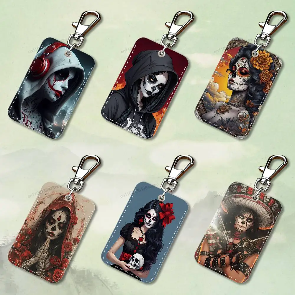 

Mexican Catrina Skull Girl Custom Access Card Case Leather Card Holder Keychain Key Ring Transportation Card Case Gifts