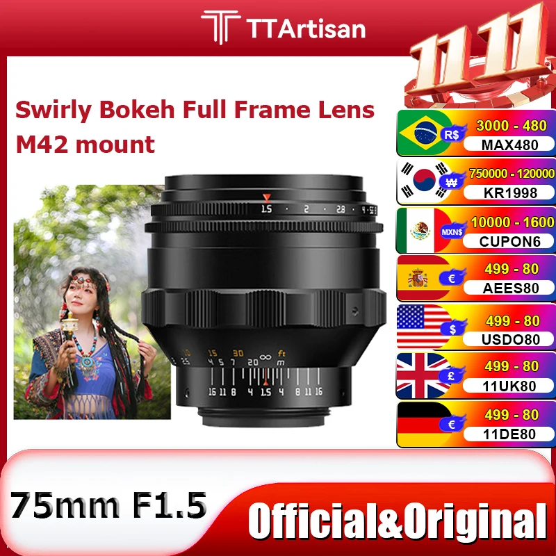 PREsale TTArtisan 75mm F1.5 Swirly Bokeh Full Frame Lens M42 mount transferred to Sony Canon Nikon Fuji Lumix camara fotografica