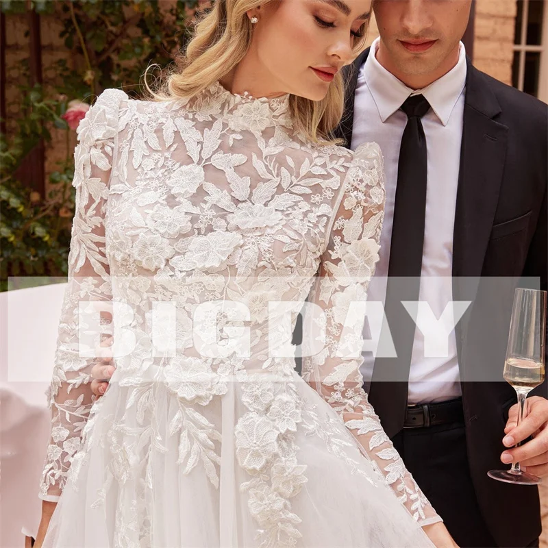 Elegant A-Line Wedding Dresses 2024 Women High Collar Long Sleeve Lace Applique Tulle Bridal Gown Sweep Train Vestidos De Noiva