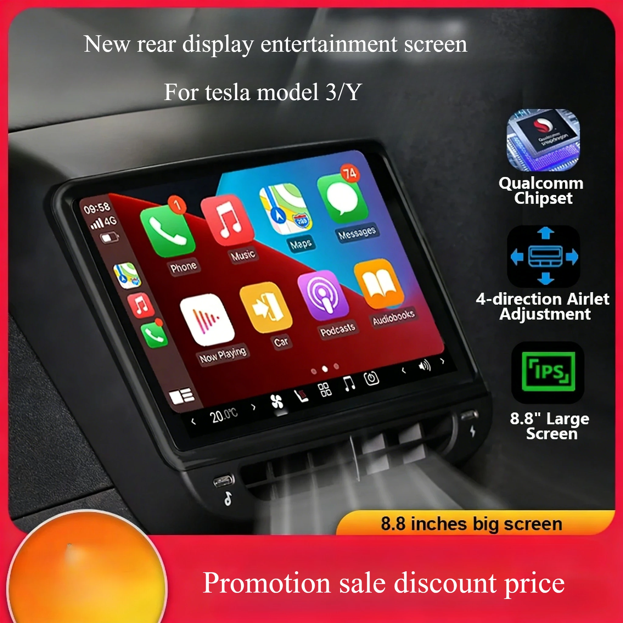 

Newest 8.8inch 4K HD Rear Display for Tesla Model Y 3 WIFI Entertainment Screen Qualcomm Chip 4-Direction Airlet Adjust