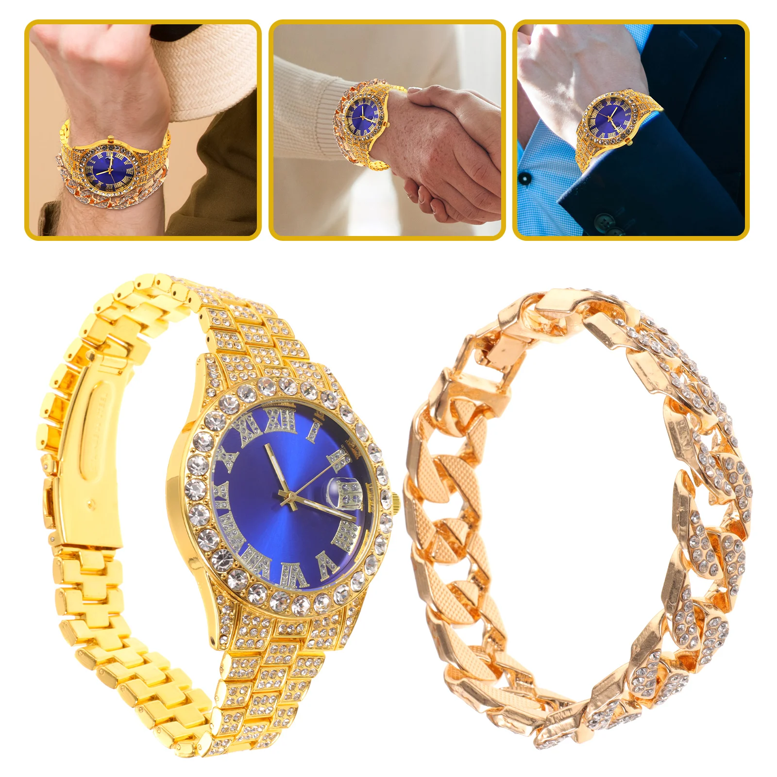 

Quartz Watch Bracelet Set for Men Stylish Steel Belt Wristwatch Decorative Rhinestone Strap Male Gift Precise Movement