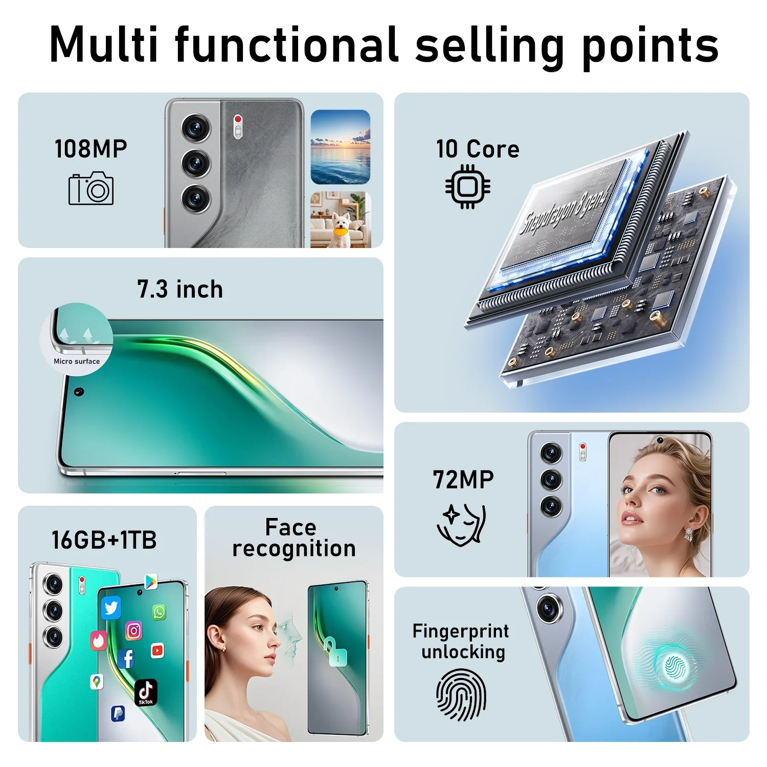 2025 HOT JCTKJ Camon 40 Pro 7.3inch HD Global Edition Original Smart Dual Card 8000mAh Battery Facial Recognition Function