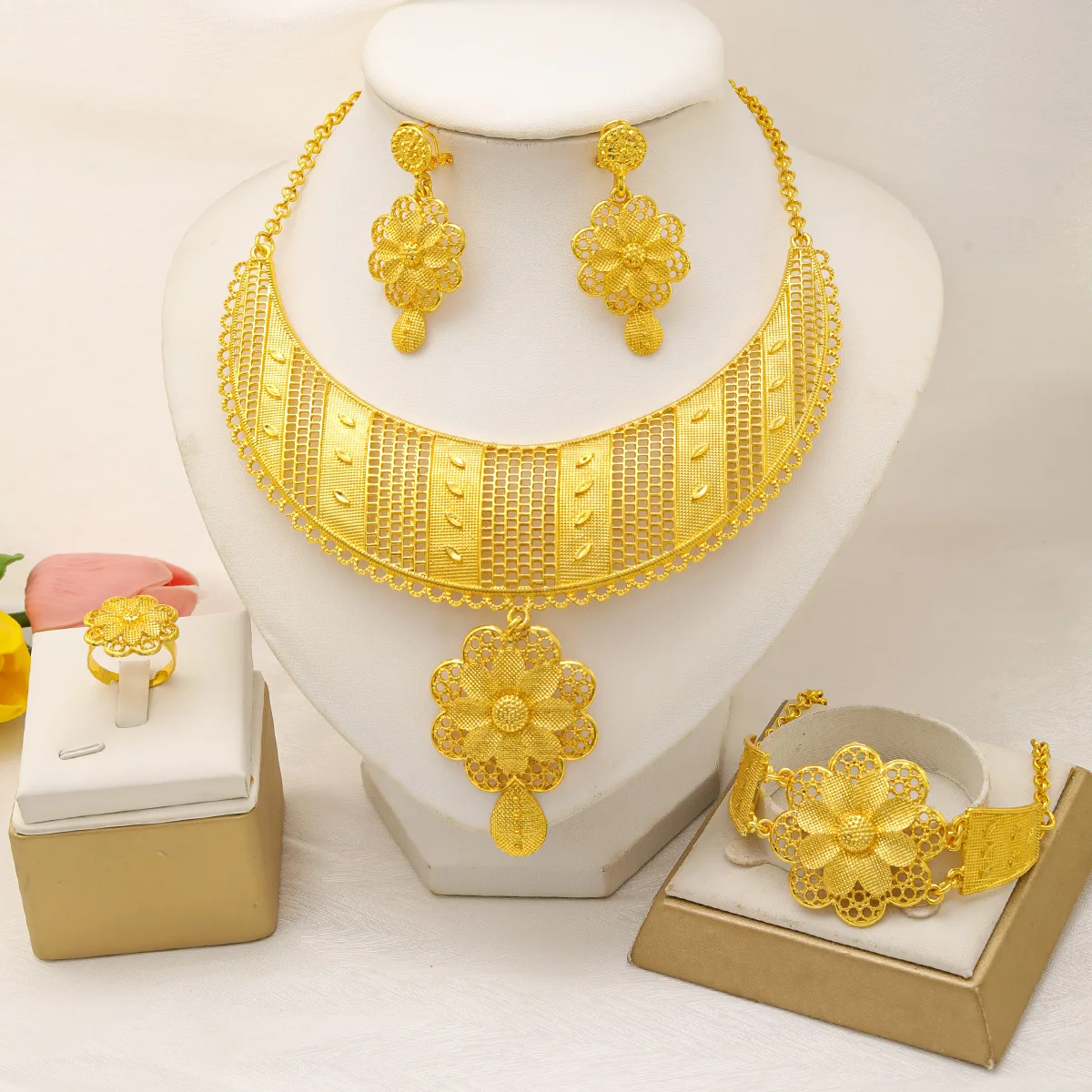 Liffly Bridal Dubai Jewelry Set Fashion Bracelet Ring Wedding Jewelry Sets for Women Necklace and Earrings Christmas Gifts