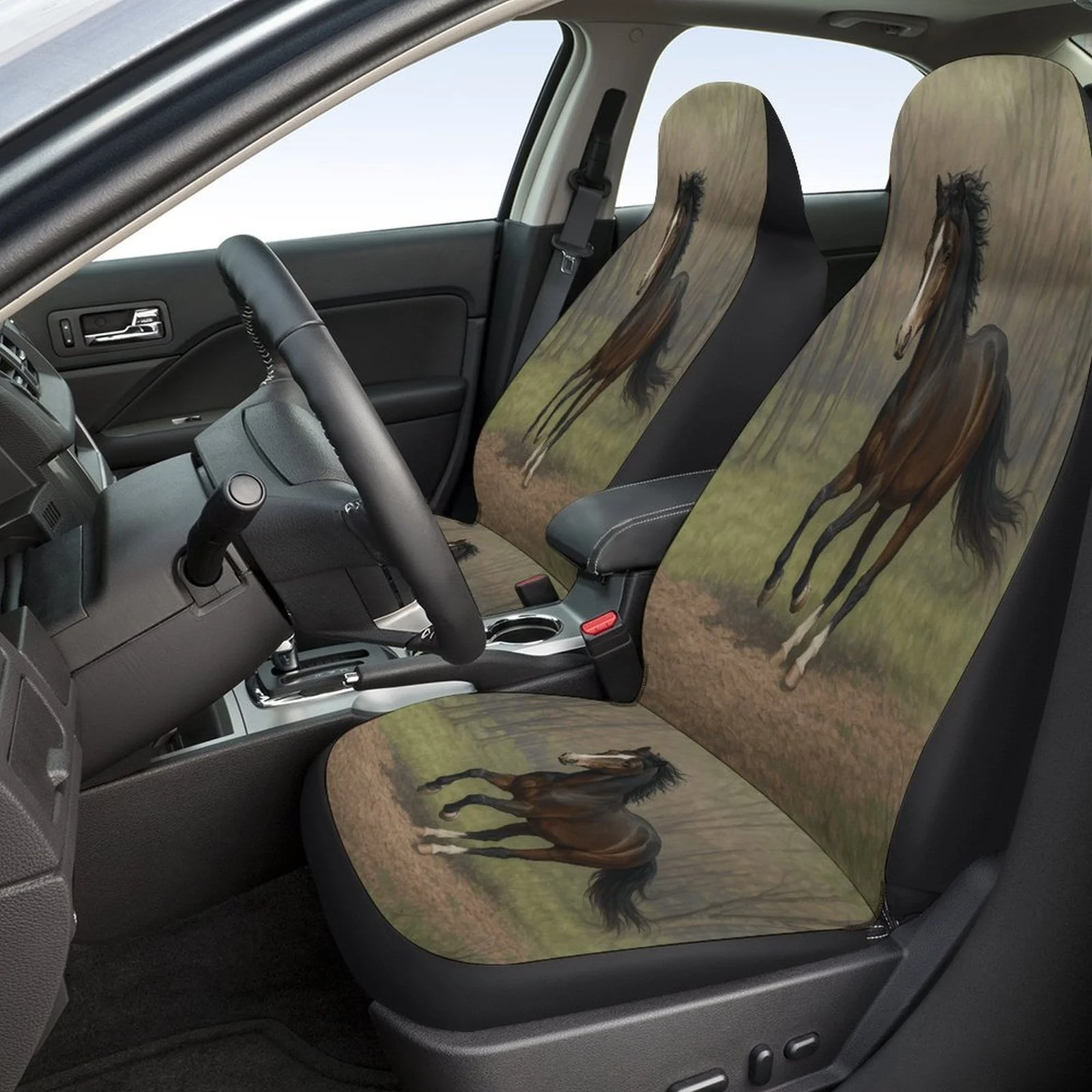 Brown Horse Galloping In Forest Designed Car Seat Cover Set For Most Cars, High-quality Comfortable Car Seat Protector Covers Fu