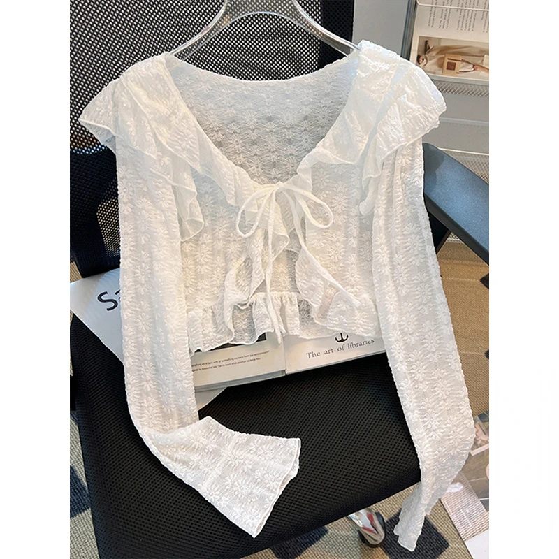 

Fairy Lotus Leaf Edge V-neck Lace Sunscreen Shirts Jacket Thin Small Shawl Cardigan Blusas Mujer Embroidery Blouse Up Tops