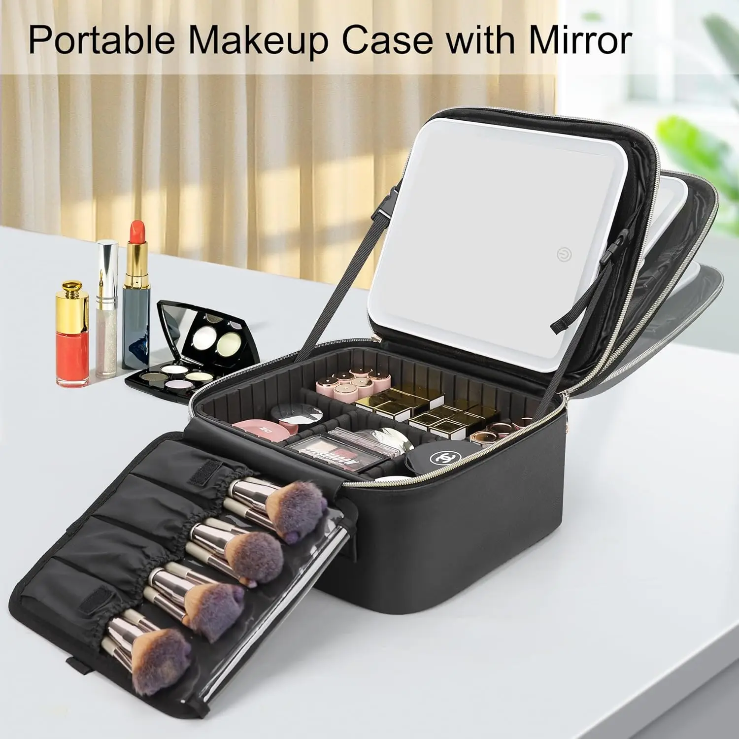 Portable Makeup Case with LED Mirror, Adjustable Dividers & Brush Holder - Black Cosmetic Organizer