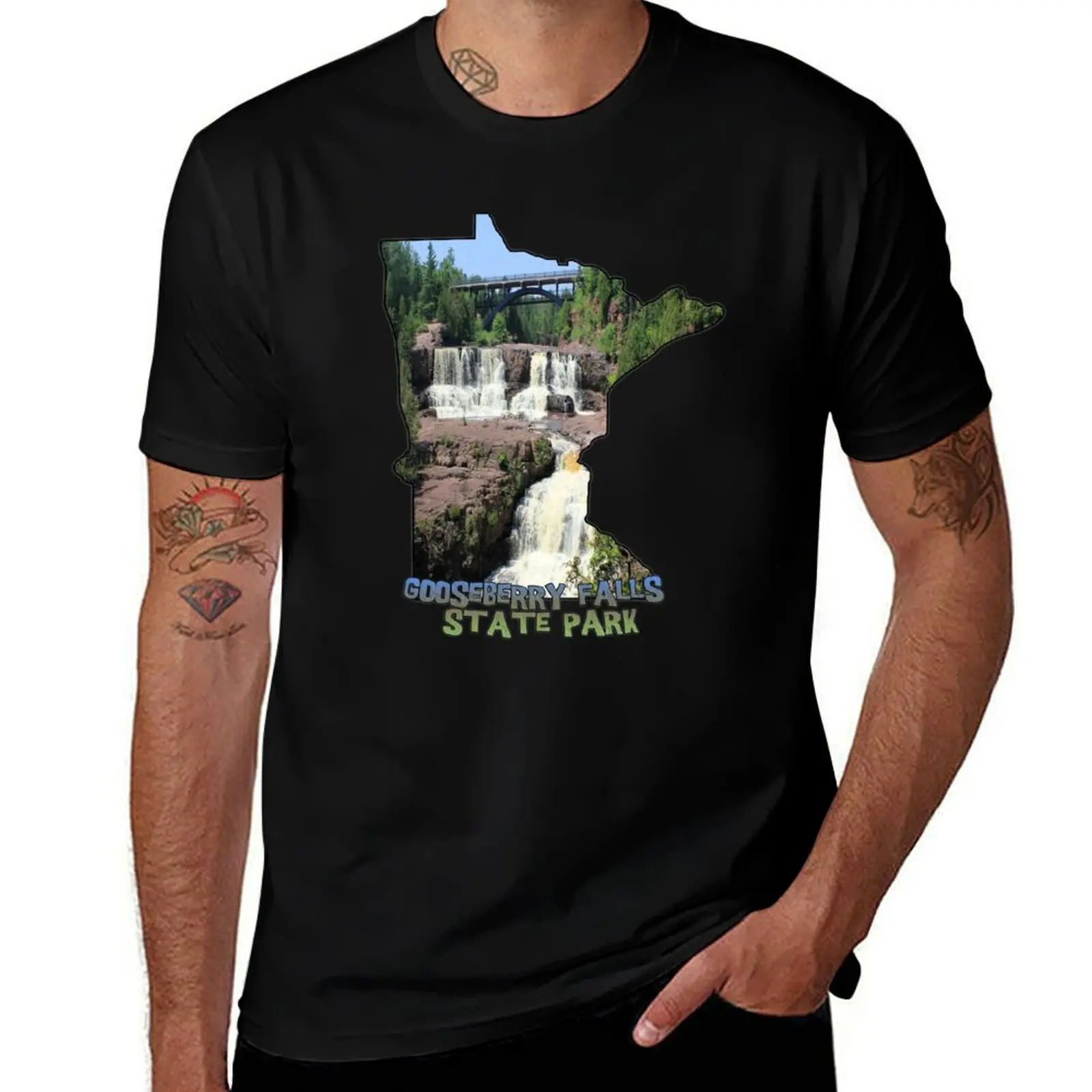 

Minnesota State Outline (Gooseberry Falls State Park) T-Shirt man t shirt heavy cotton t shirt custom print