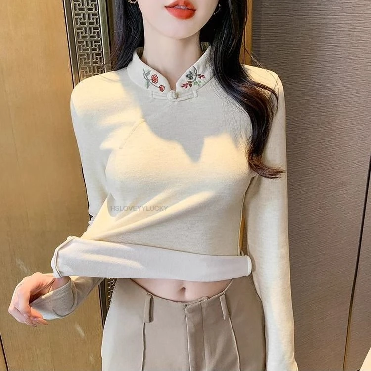 

Autumn Winter Chinese Style Cheongsam Blouse women's New Retro Elegant National Style Stand Collar Tang Suit Base Top