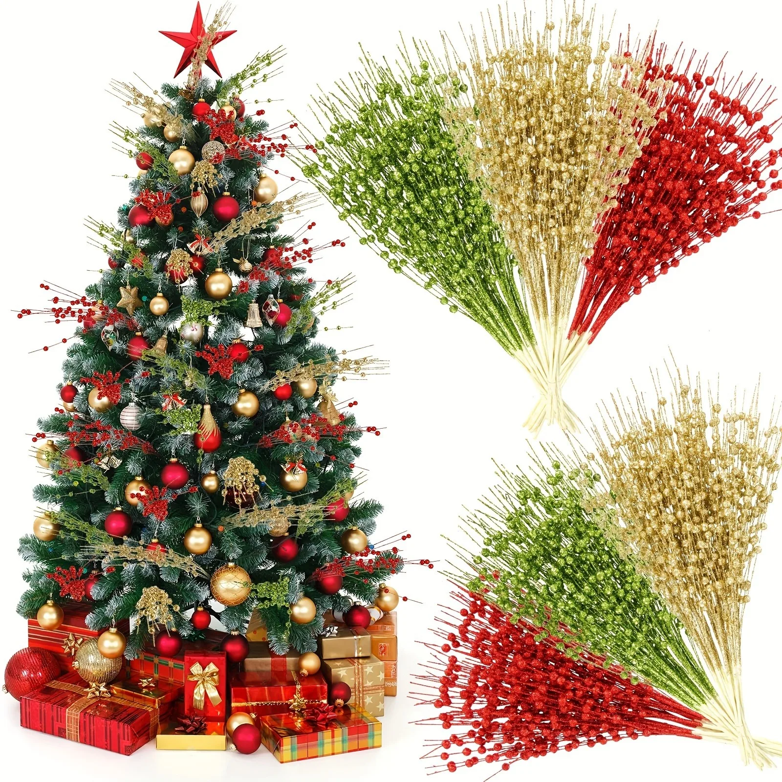 6/12 Stück glitzernde künstliche Beerenstrauß Weihnachtsdekoration Weihnachtsbaumschmuck für Zuhause Zimmer Vase Dekor Neujahr 2026 Geschenke