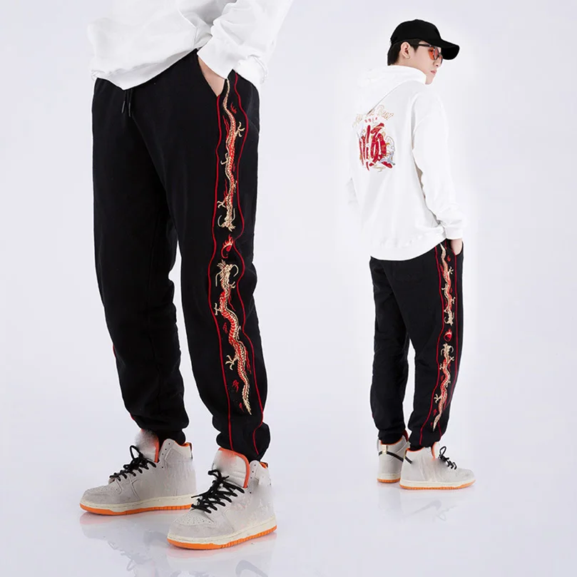 2025 가을 신상 루즈핏 코튼 용 자수 바지 남성 내셔널 트렌드 스웨트팬츠 중국풍 스포츠 캐주얼 팬츠