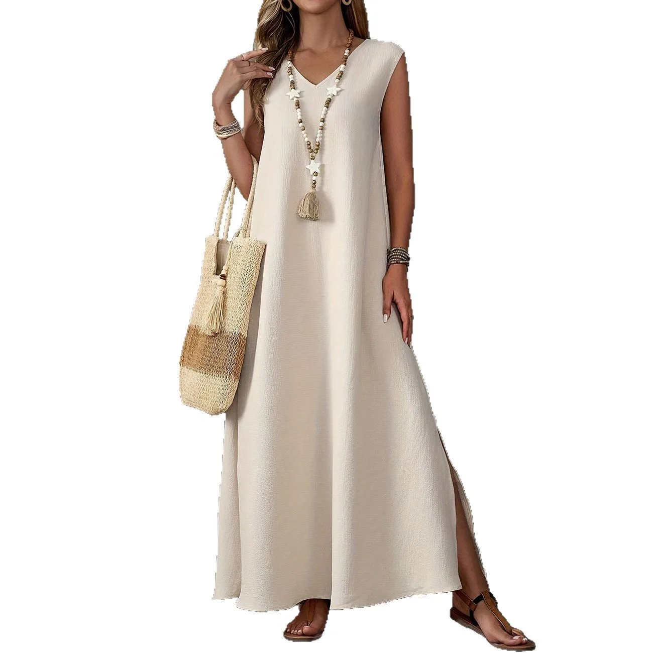 Casual solid color V-neck sleeveless side slit long dress women 2025 summer loose boho dress for women