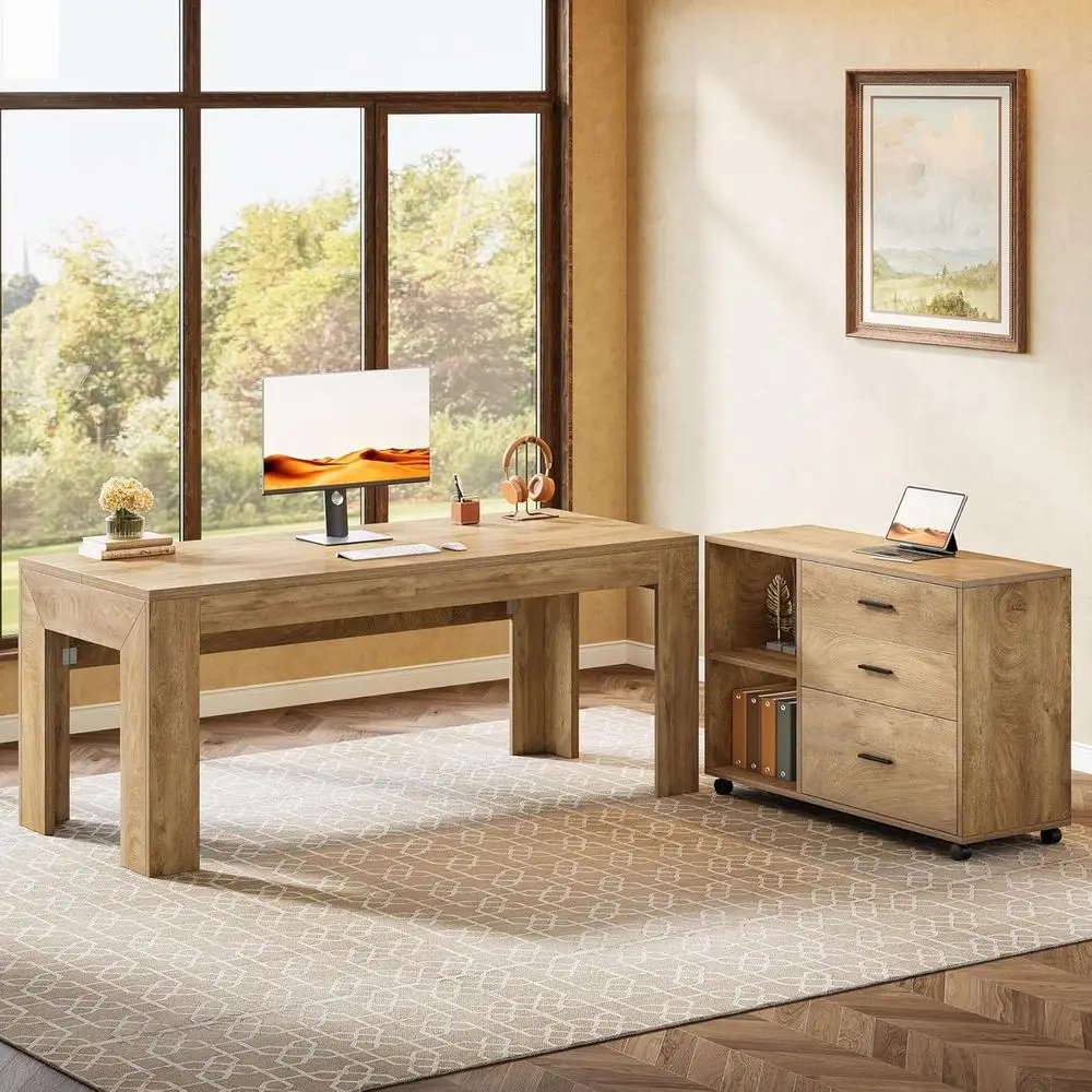 مكتب تنفيذي كبير على شكل حرف L مع مساحة تخزين، وخزانة ملفات متنقلة، وأرفف، مثالي للمنزل أو المكتب، بني