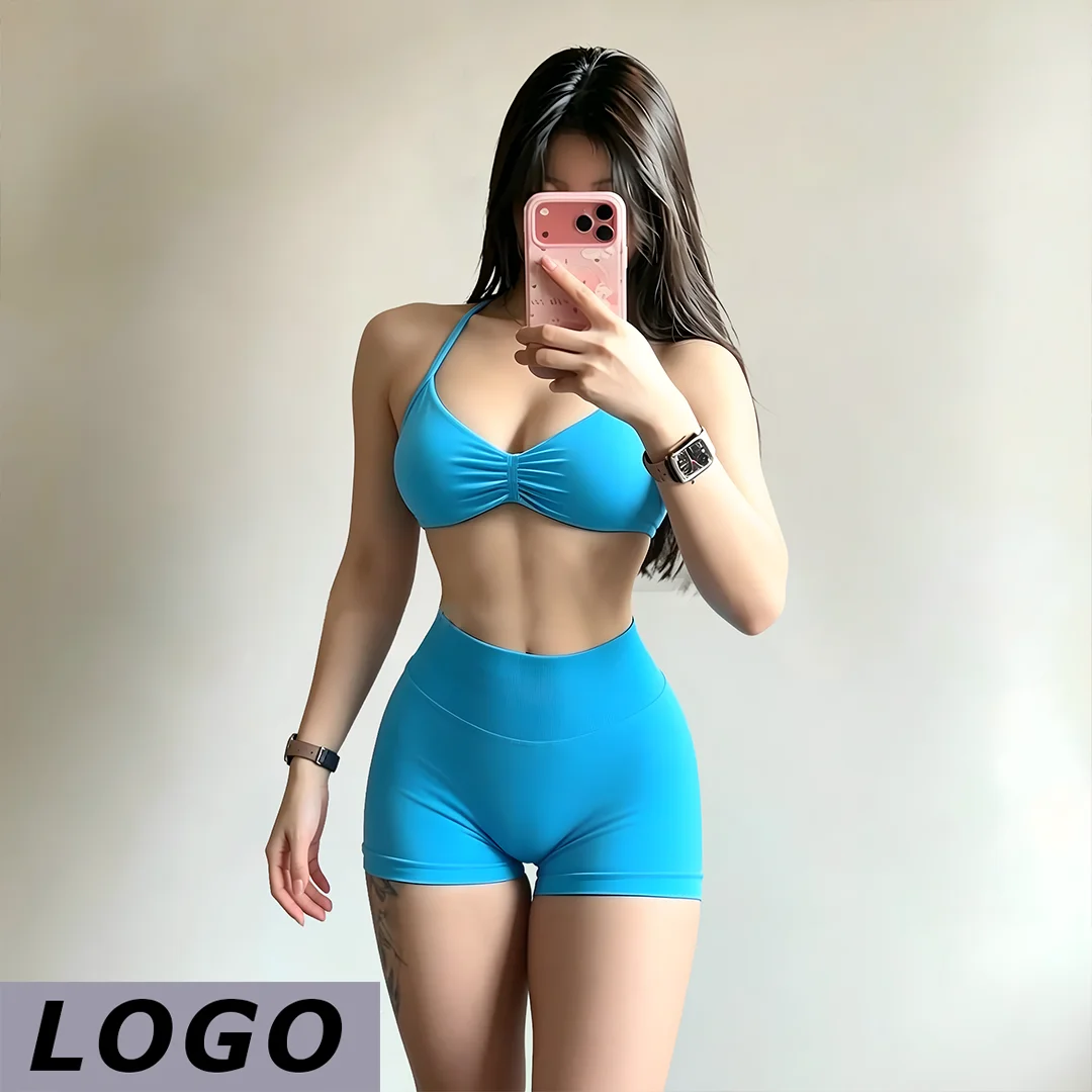 LOGO DF Women Yoga 2 Piece Set Lace Up Sports Bra High Waist Seamless Short Leggings Elastic Gym Running Cycling Fitness