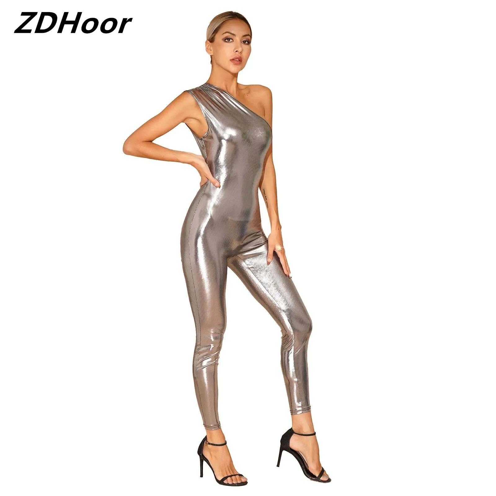 

Womens Sport Slant Shoulder Bodysuit Single Shoulder Sleeveless Shiny Metallic Long Jumpsuit Dance Gymnastic Yoga Fitness