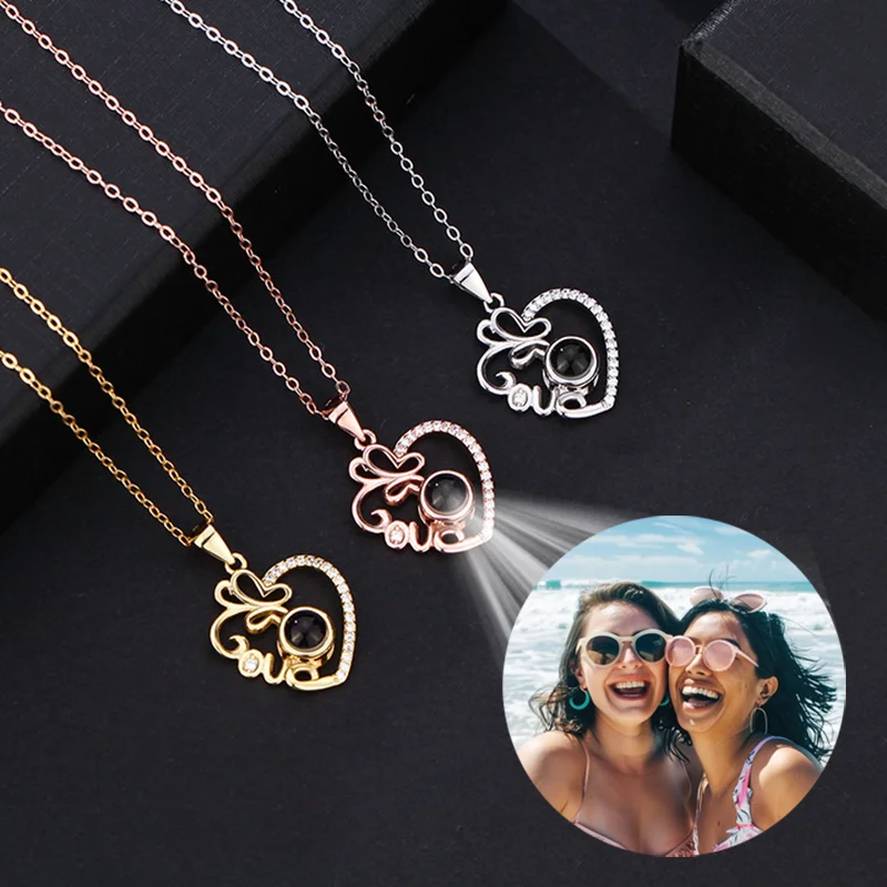 

Custom Color Photo Projection Necklace Heart Butterfly Love Hollow Pendant For Women Accessories Valentine's Mother's Day Gift