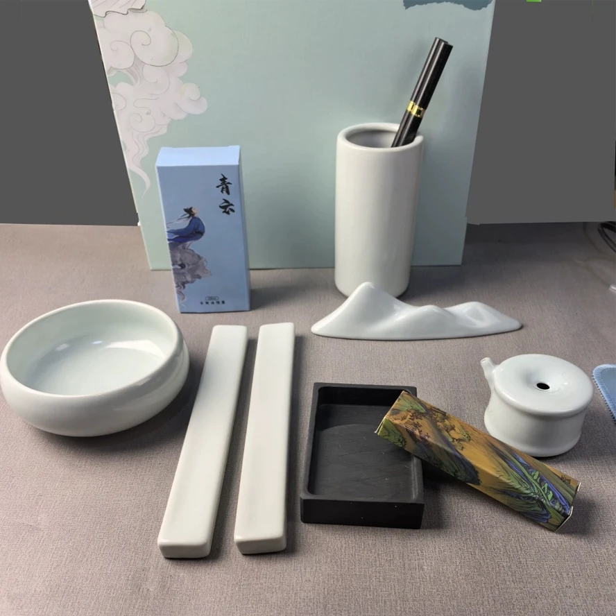Complete Chinese Scholar's Set ：Calligraphy Brush Set (Wolf/Goat Hair), Inkstone, Ink Stick, Jingdezhen Porcelain Brush Holder