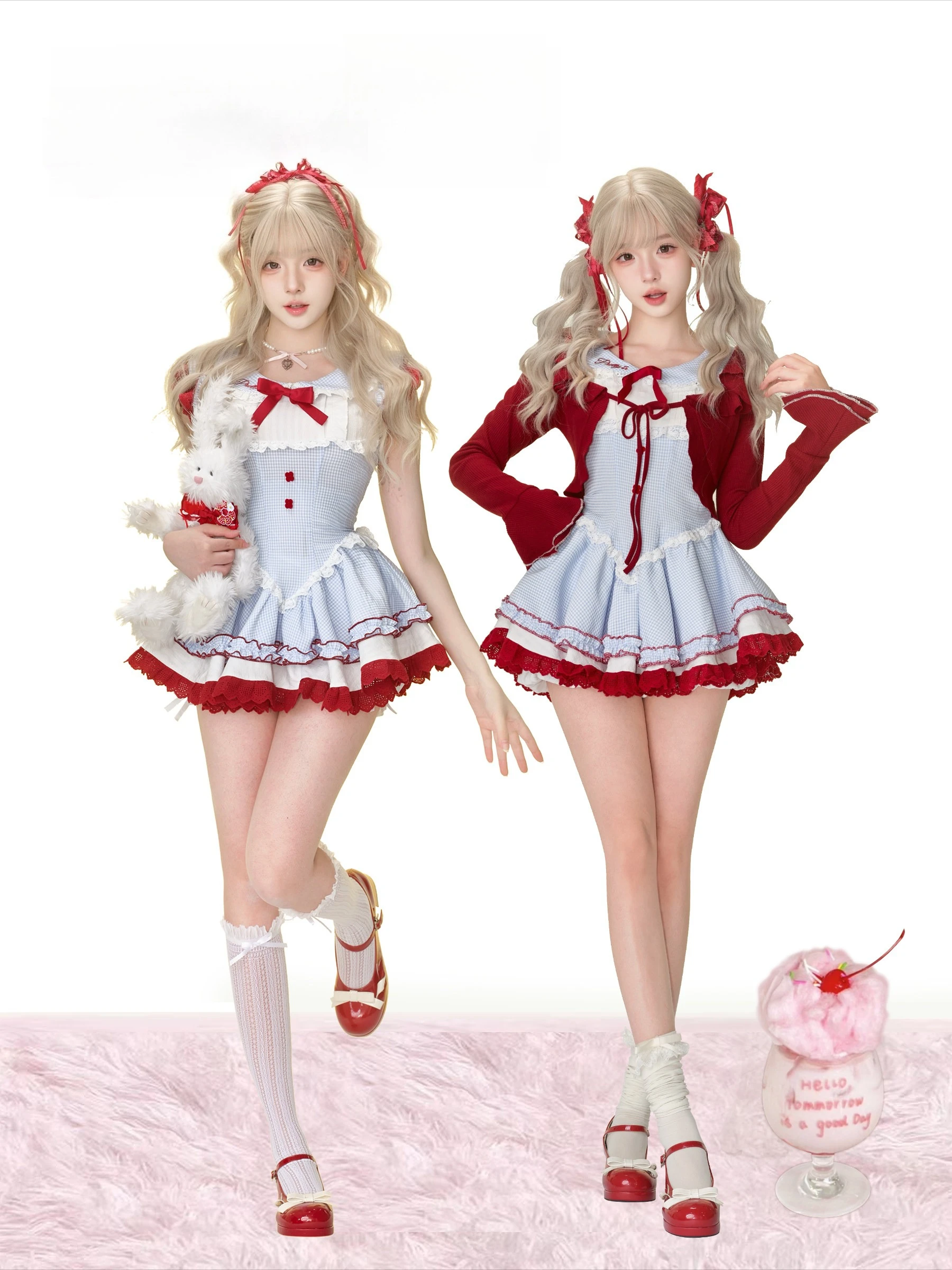 

Sweet Red Blue Gingham Lolita Dress Set Ruffle Lace Frill Dress + Red Knit Cardigan Kawaii Fairy Kei Two Piece Outfit for Women