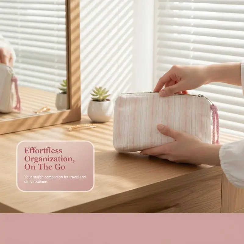 Mini Pink Striped Women Wallet Fashion Portable Cosmetic Bag Small Storage Pouch for Key Earphone Coin Daily Commute