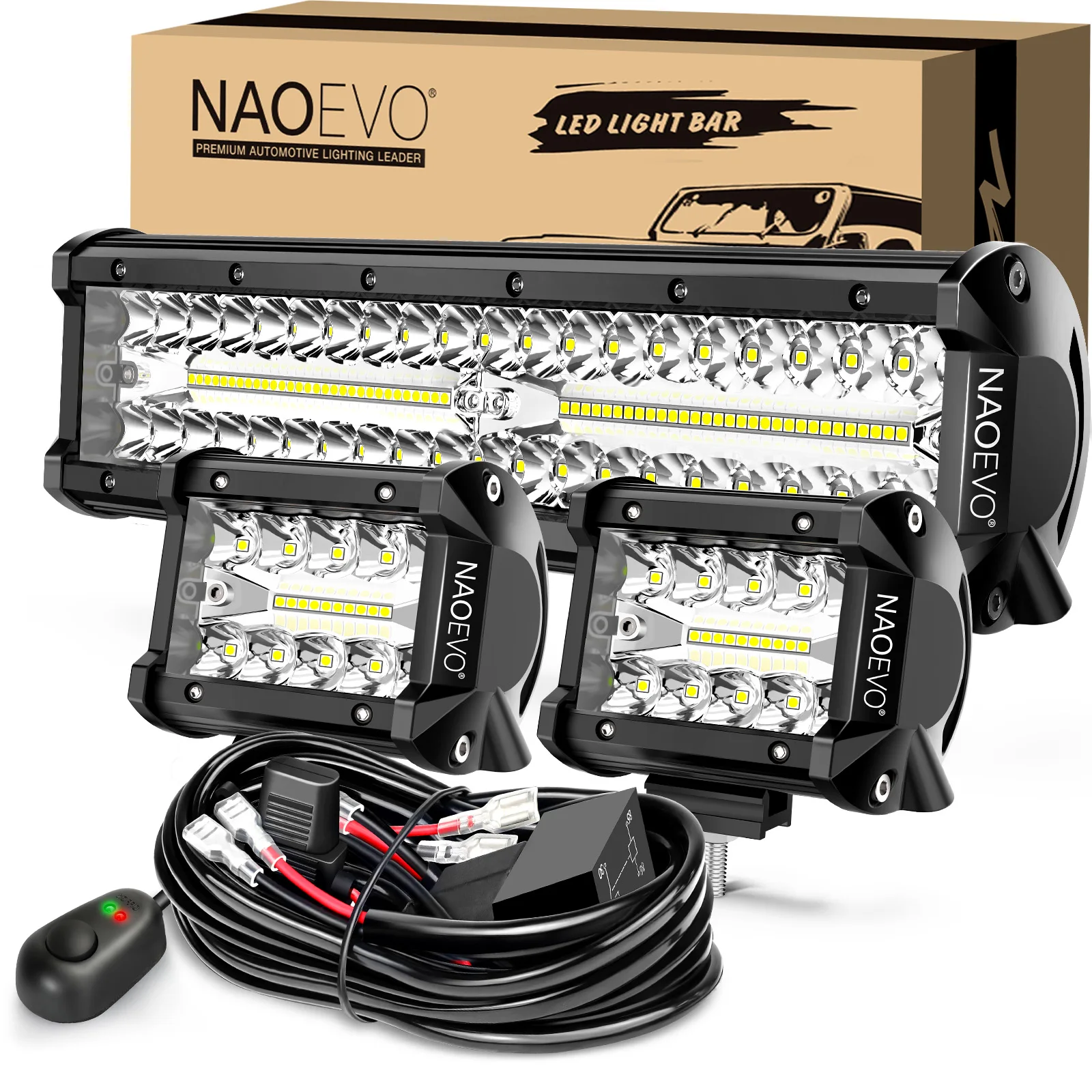 

NAOEVO 12Inch LED Light Bar 4Inch LED Pod Lights 240W 21000LM LED Fog Driving Off Road Lights Bar with Wiring Harness Kit-3 Lead