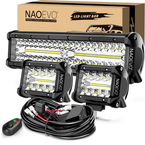 NAOEVO Barra de luz LED de 12 pulgadas Luces LED Pod de 4 pulgadas 240W 21000LM Barra de luces LED para conducción de niebla todoterreno con kit de arnés de cableado-3 cables