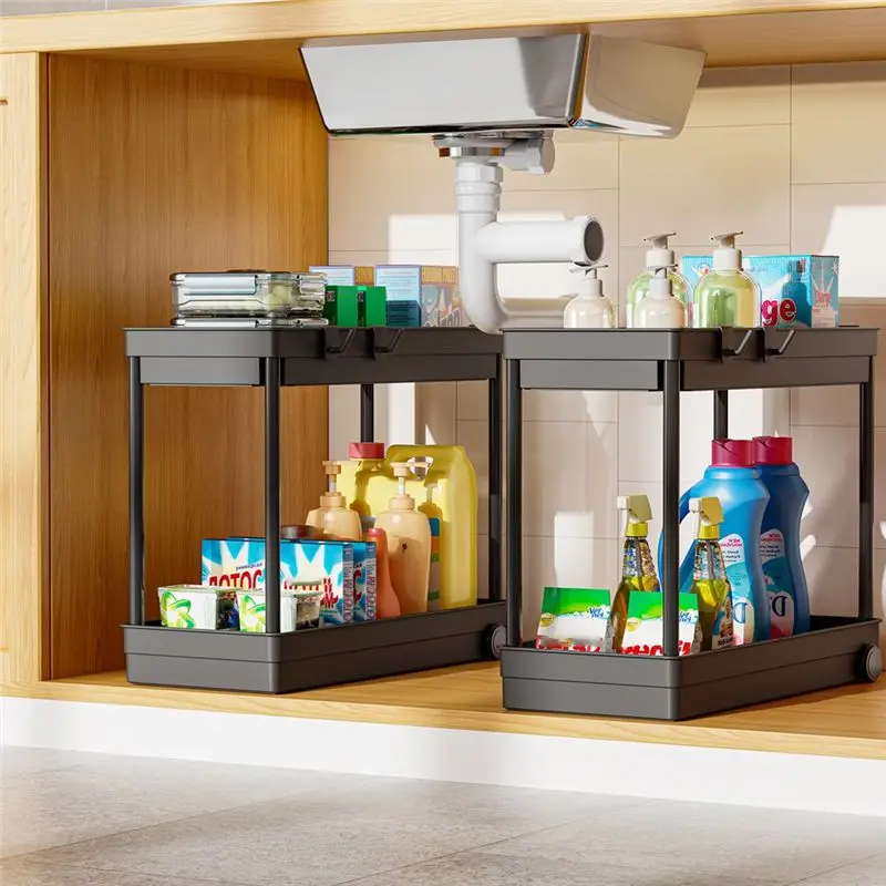 Y51A 2-Tier Kitchen Sink Shelf, Multi-Purpose Under Sink Organizer with Hooks, ABS Bathroom Storage Rack, Rust-Proof, Nordic