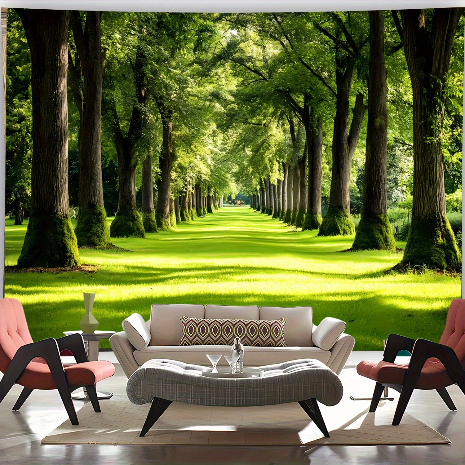 Realistic Forest Mural Tapestry Nature Wall Decor Green Tree Alley Photo Background Wallpaper for Living Room Home Interior Desi