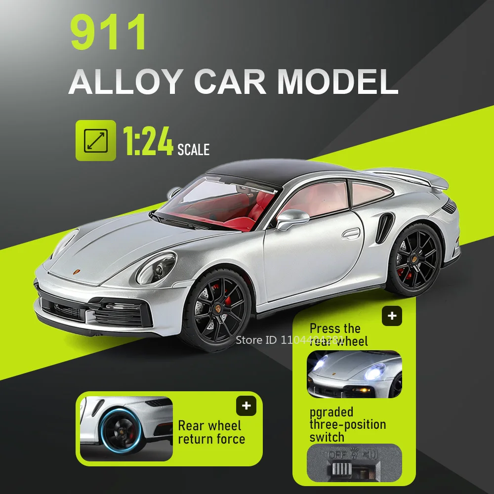 

Машинка-модель 1:24 Porsche 911 Panamera, литая, из сплава, с подвижными передними колесами, открывающимися дверями, звуком и светом, интерактивный подарок для детей