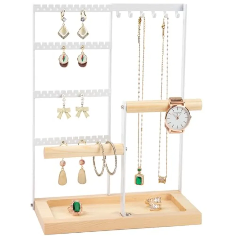 

Jewelry Organizer Stand, Jewelry Holder, Lengnoy 4 Tier Earring Holder with 48 Holes and 6 Hooks Necklace Organizer Wood Box fo