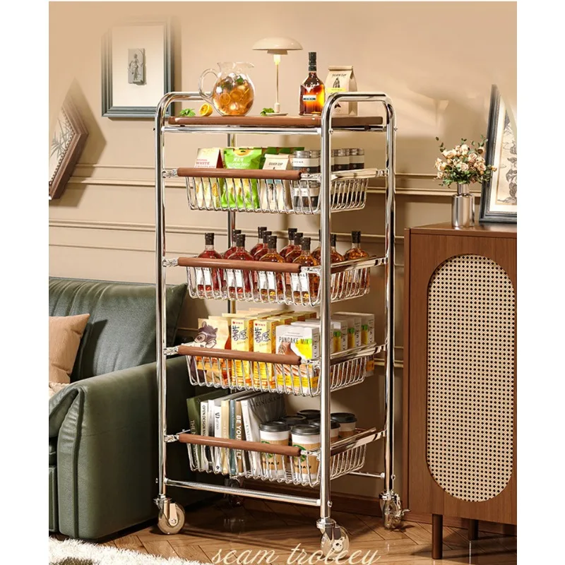 4-Tier Kitchen Storage Cart Metal Snack Cart Adjustable Fruit Basket on Wheels Stand Baskets for Potato Onion Produce Shelf