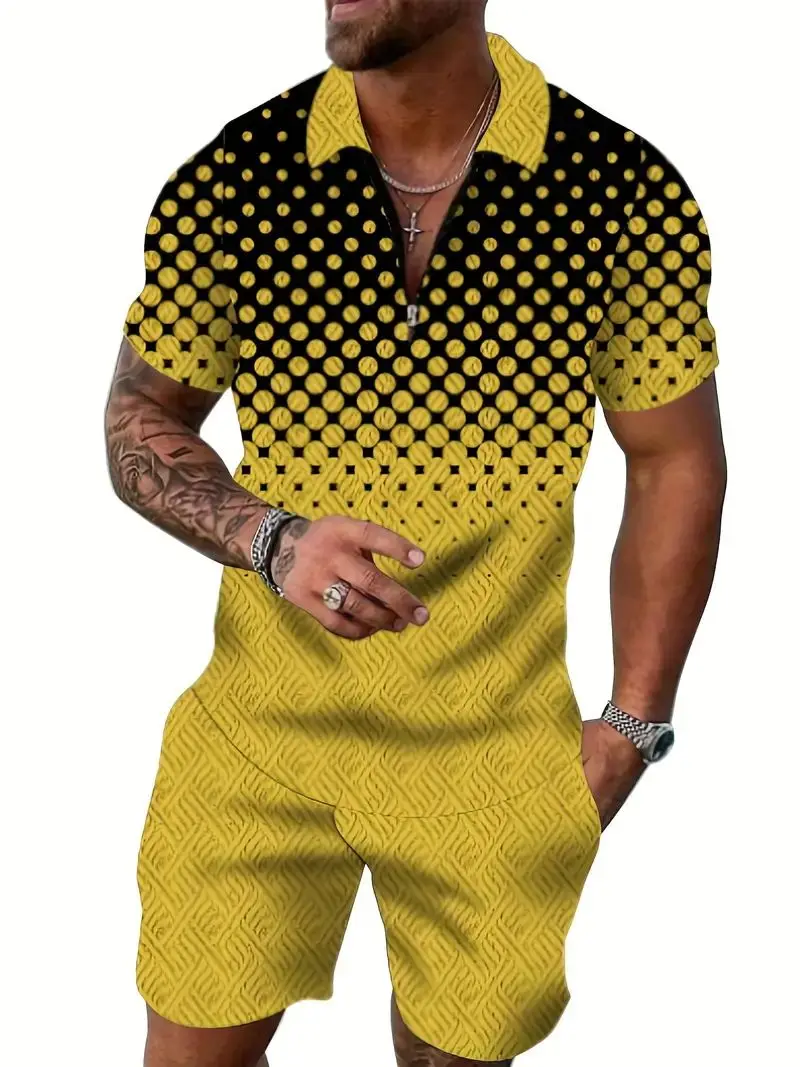 Summer Sequin Splicing 3D Print Men\'s Zipper Collar Tracksuit Trend Polo Shirt Fashion Shorts 2pcs Sets Men\'s Streetwear Set