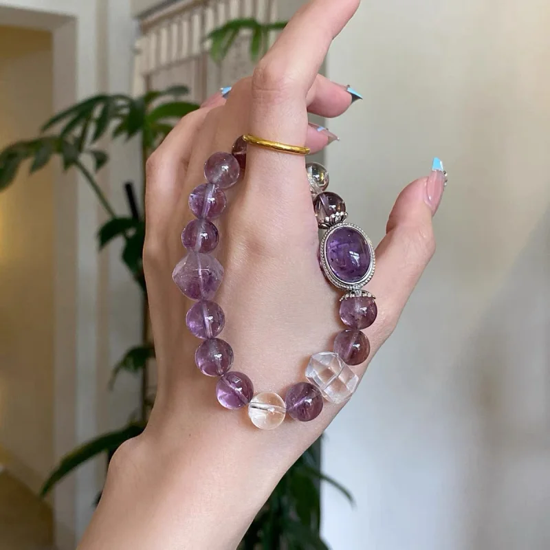 

Natural White Magic Box Women Pink Transparent Amethyst Bracelet Nine Purple