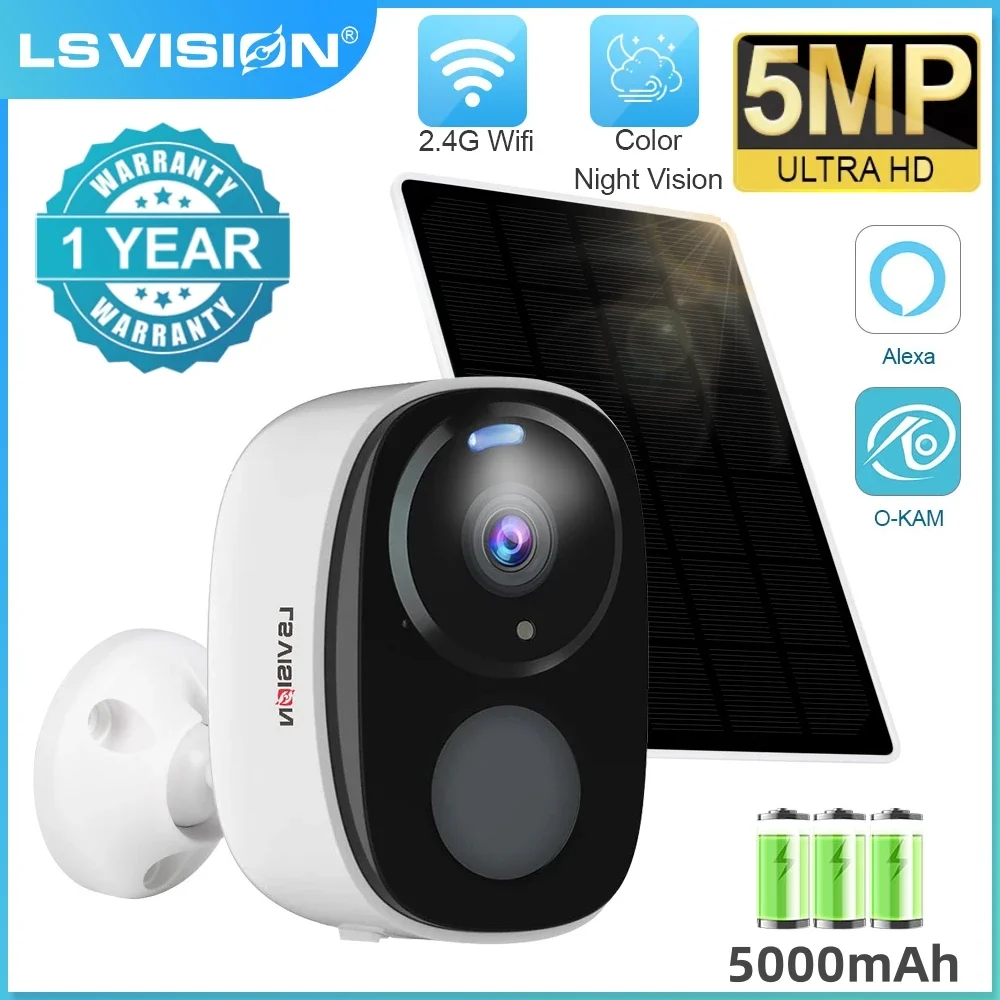 LS VISION Solar Camera Wifi Outdoor 5MP Wireless Surveillance PIR Human Detection 5000mAh Battery Audio Security Camera Indoor