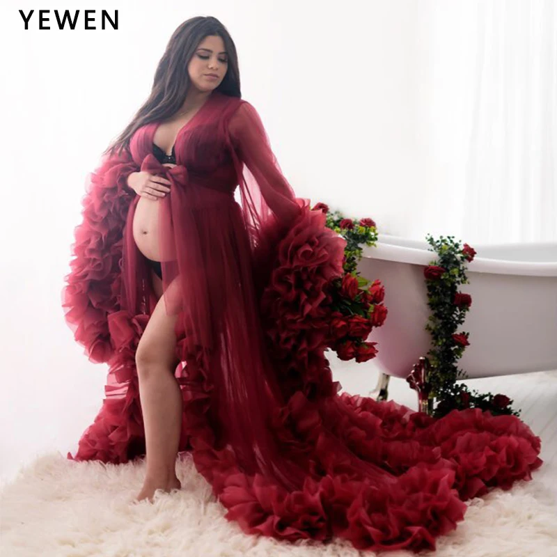 Striking Red V Neck Ruched Organza Long Sleeves Custom Color Maternity Gowns for Photo Shoot Pregnancy Shooting Dress YEWEN