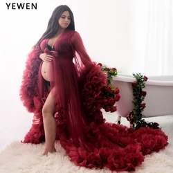 Red Maxi Handmade Boho Maternity Dress for Photo Shoot V Neck Ruched Organza Long Sleeves Custom Pregnancy Shooting Dress YEWEN