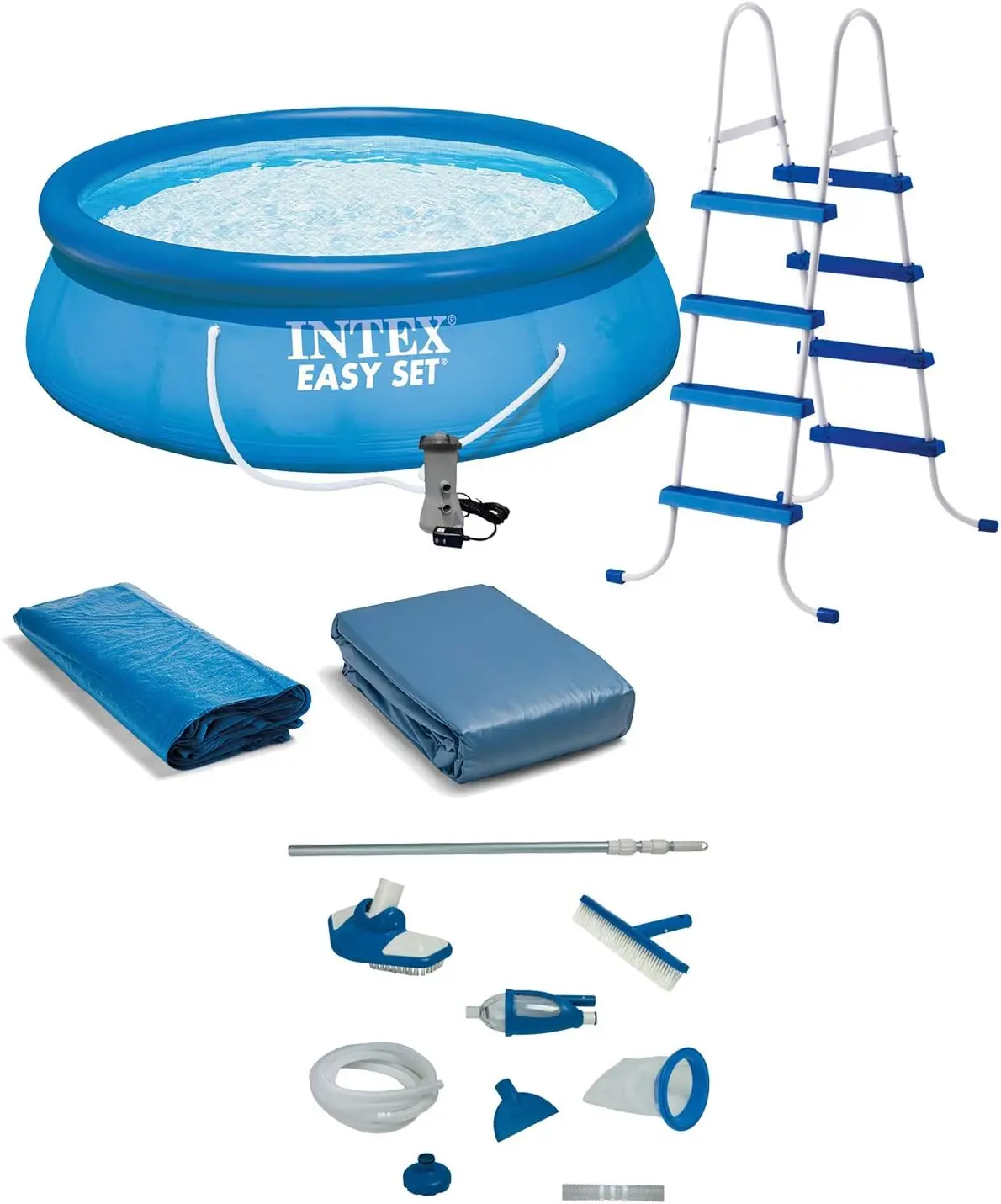 Intex-Conjunto de piscina inflável redonda, ao ar livre, acima do solo, piscina, escada, bomba de filtro, manutenção Deluxe, limpo, 15 pol x 48 pol