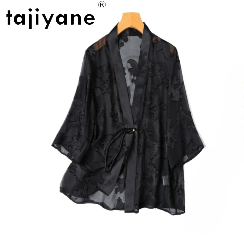 TAJIYANE Blusa de Seda de Morera 100% Natural, Camisa Negra de Primavera/Verano para Mujer, Cárdigan de Seda Real con Cuello en V, Ropa de Mujer 2026 топ