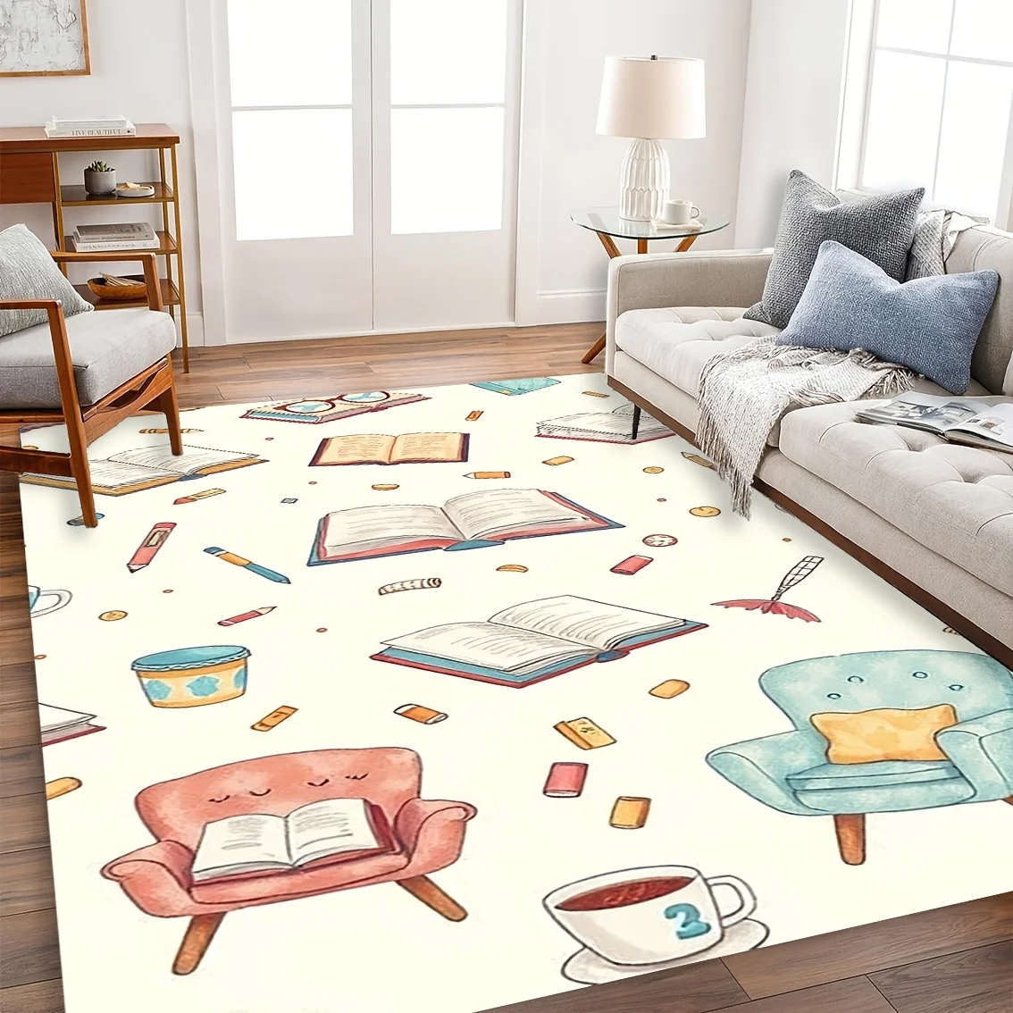 2d Printed Cream Hand Drawn Book Tea Set Stationery Rectangular Area Rug Non Slip Floor Mat For Cozy Reading Room Decor Gift