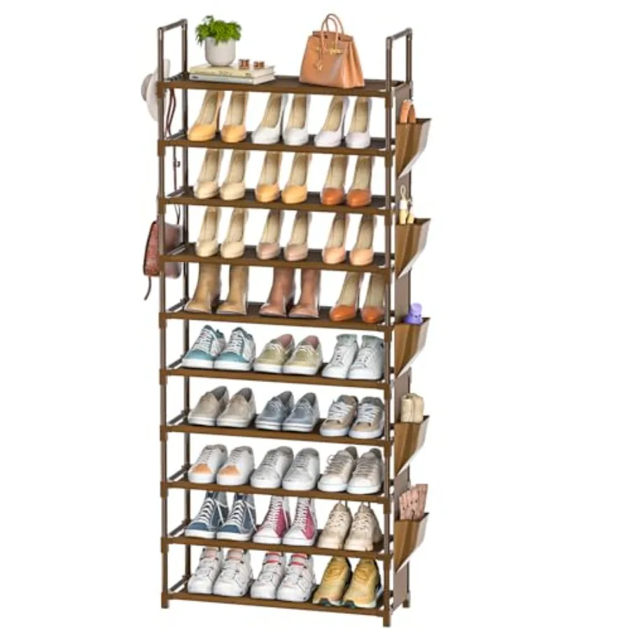 

Tall Shoe Rack - 10 Tier Organizer for Closet 30-35 Pairs Capacity with 5 Hooks and Side Pocket Sturdy Metal Shoe Shelf Vertica